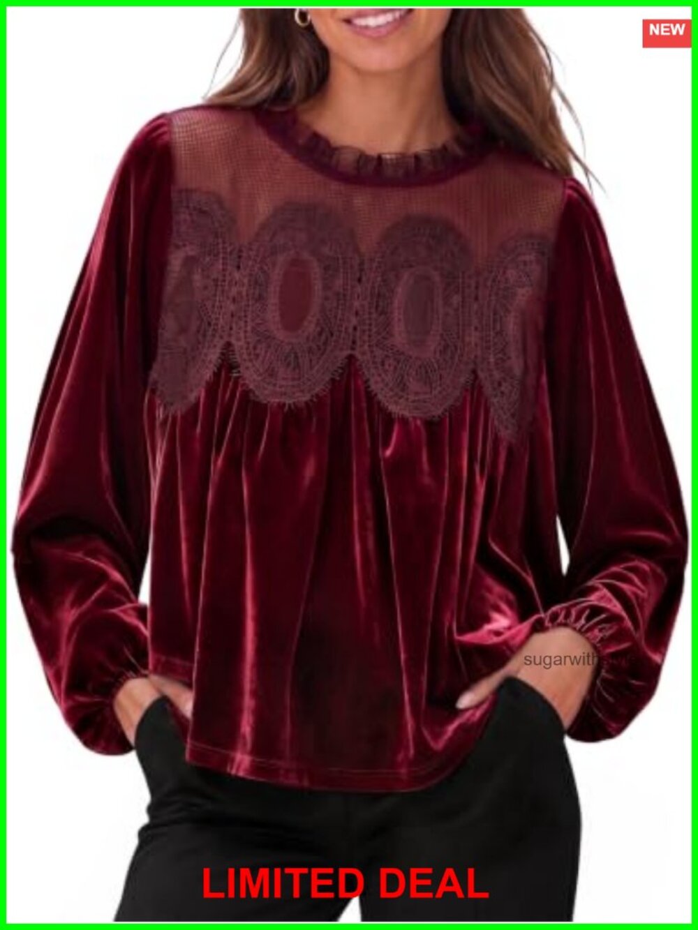 Lace Trim Velvet Puff Sleeve Blouse Ruffle Crew Neck Loose Fit Top